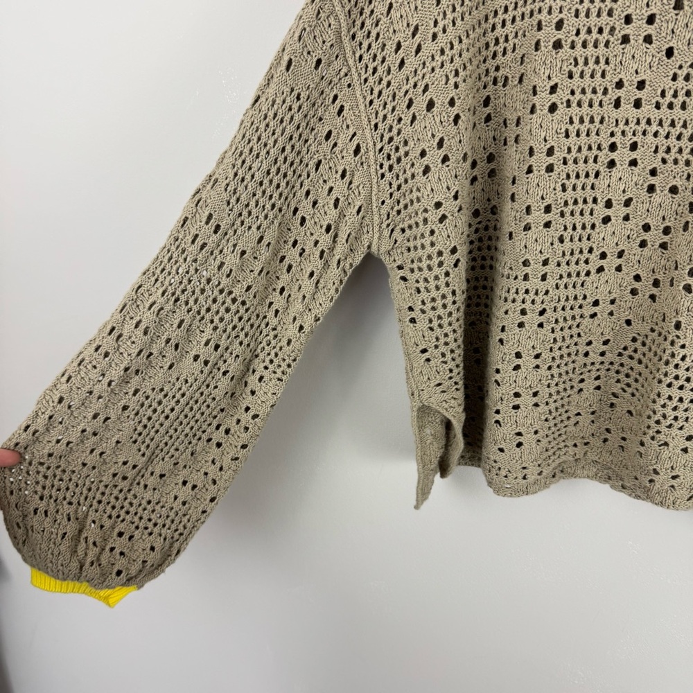 Free People Home Run Cropped Sweater Tan Yellow Trim Size M Boxy Fit - Picture 7 of 14